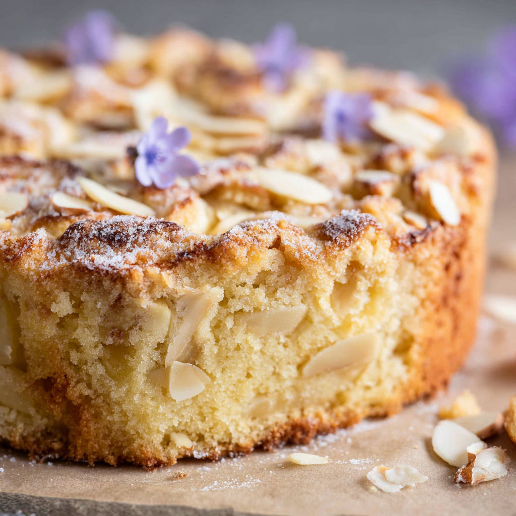 A slice of cake with almonds on top.