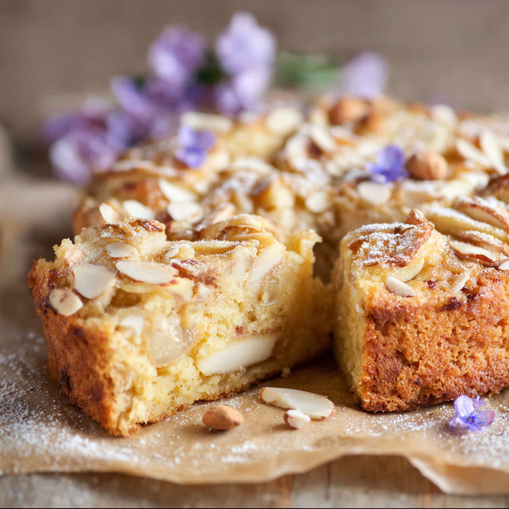 A slice of cake with almonds on top.