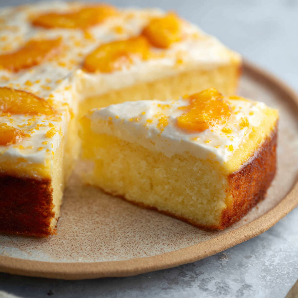 A slice of cake with white frosting and orange slices on top.