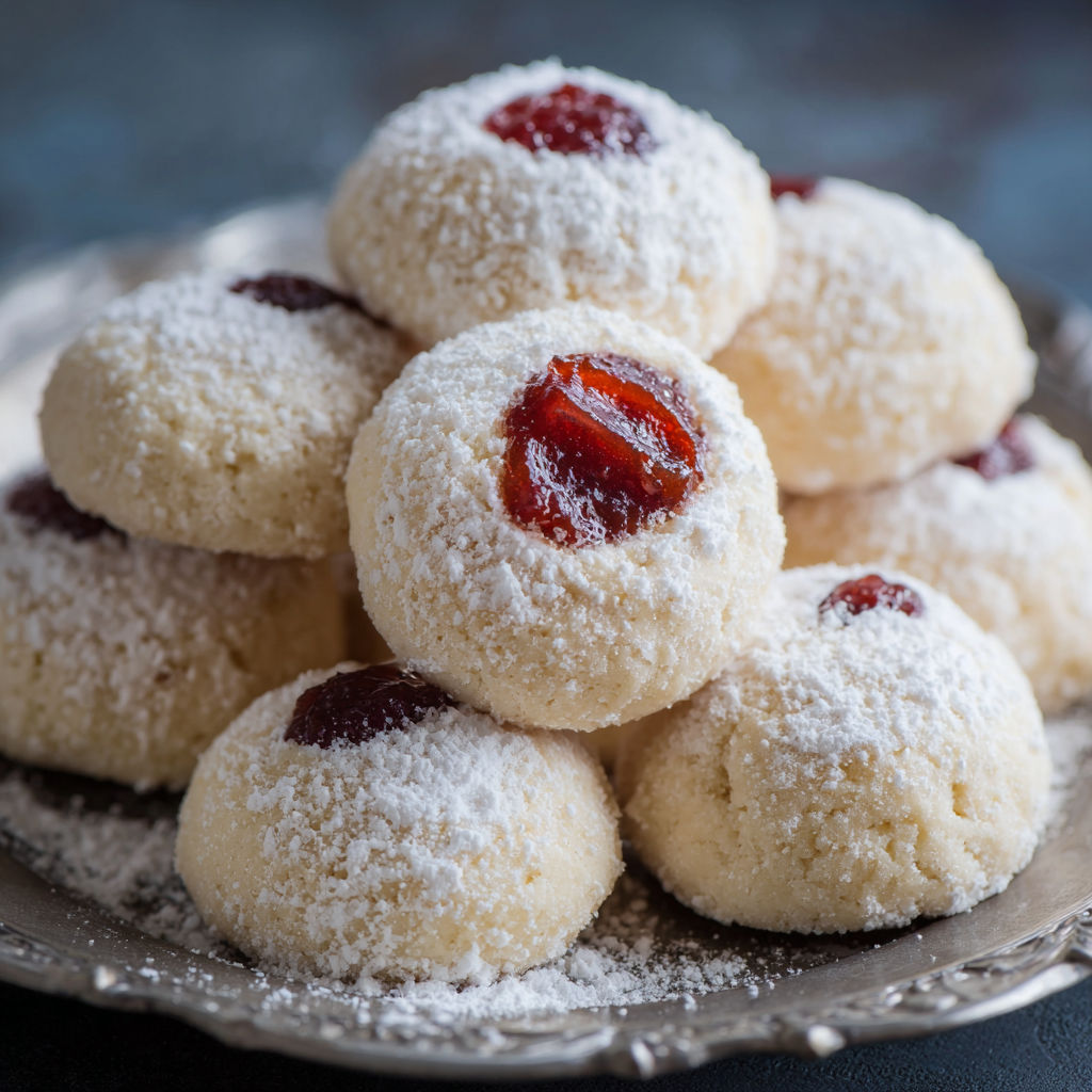 A plate of white powdered sugar covered cookies with red jam in the center.