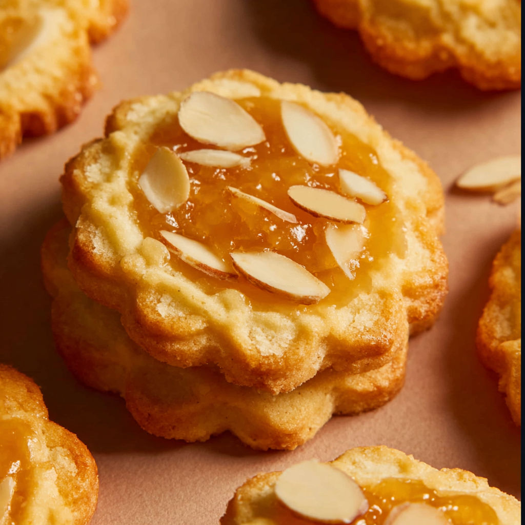 A close up of a cookie with almonds and jam.