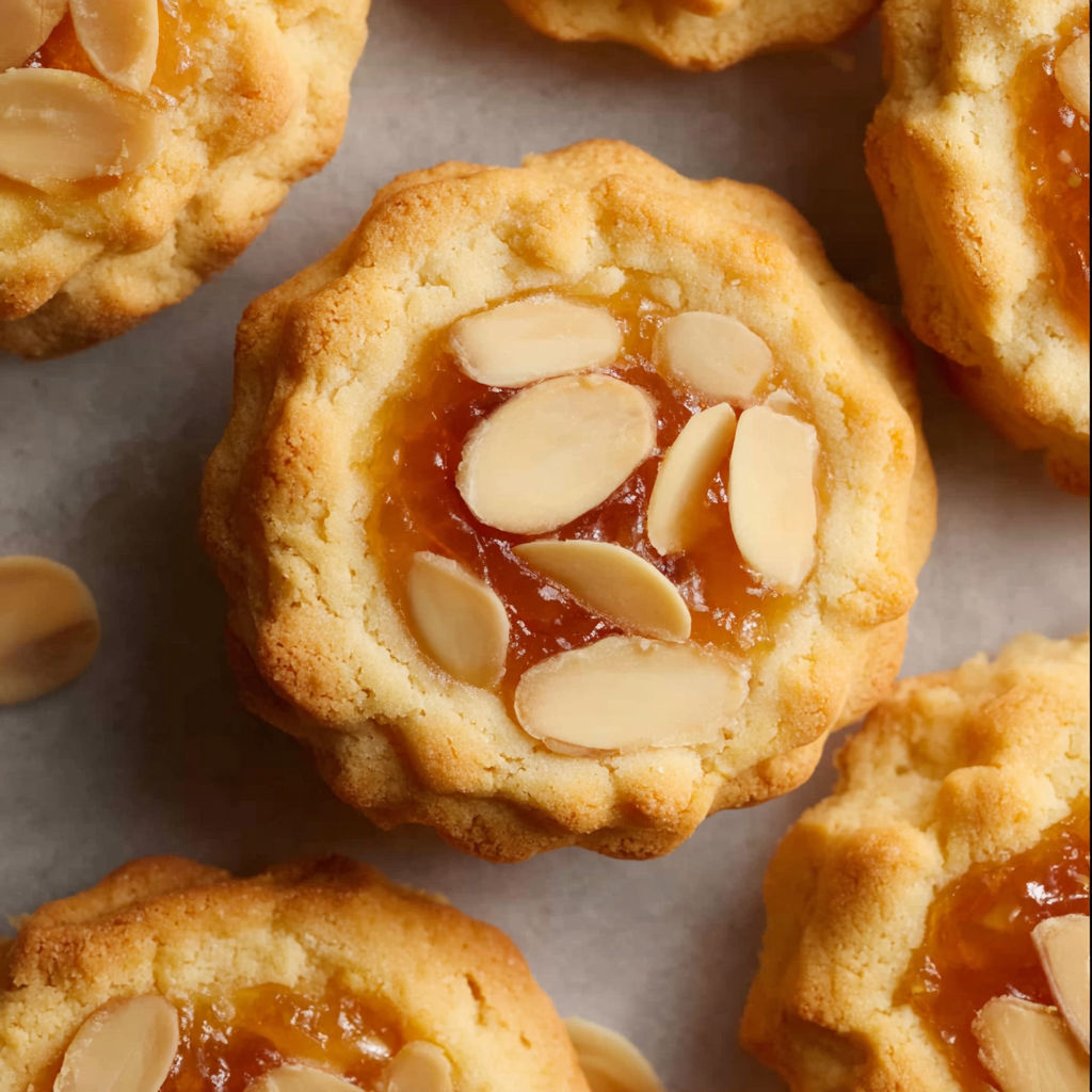 A plate of almond cookies with jam.
