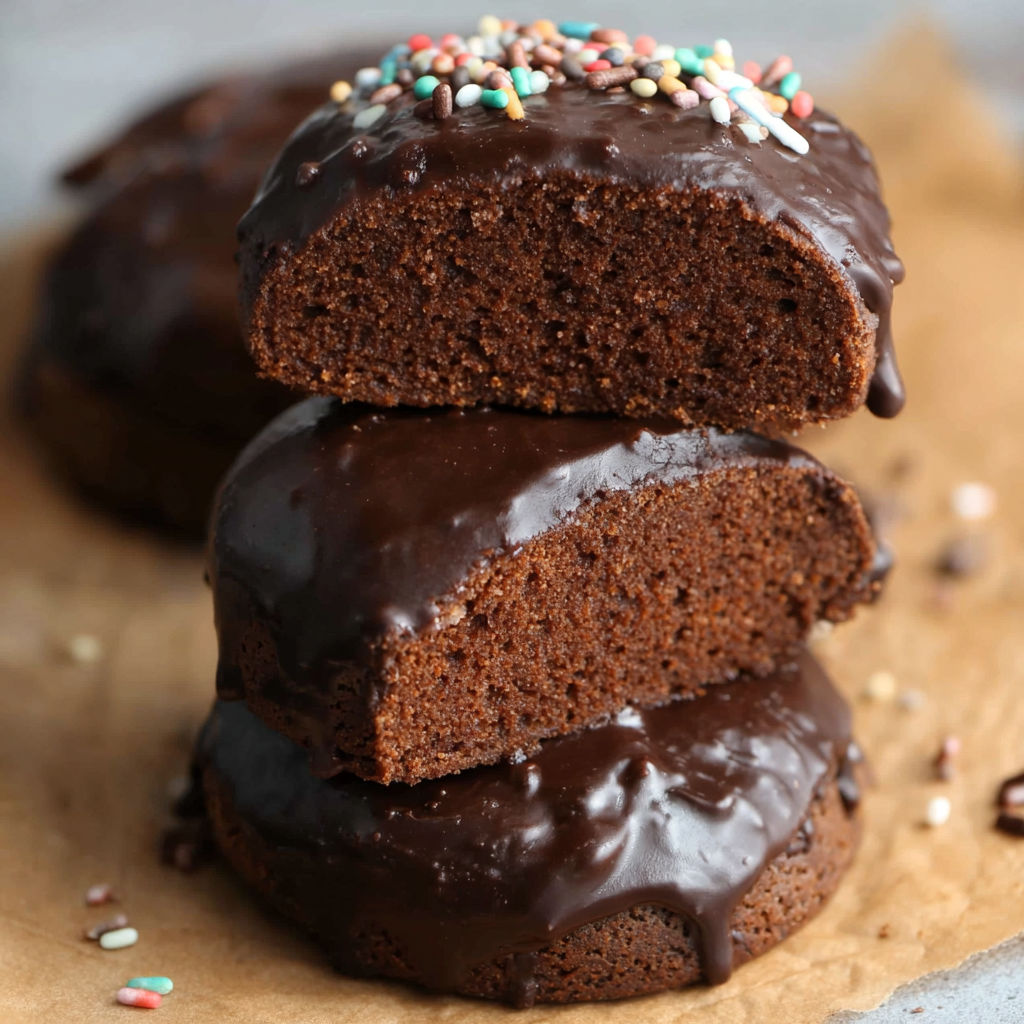 Three chocolate cakes stacked on top of each other.