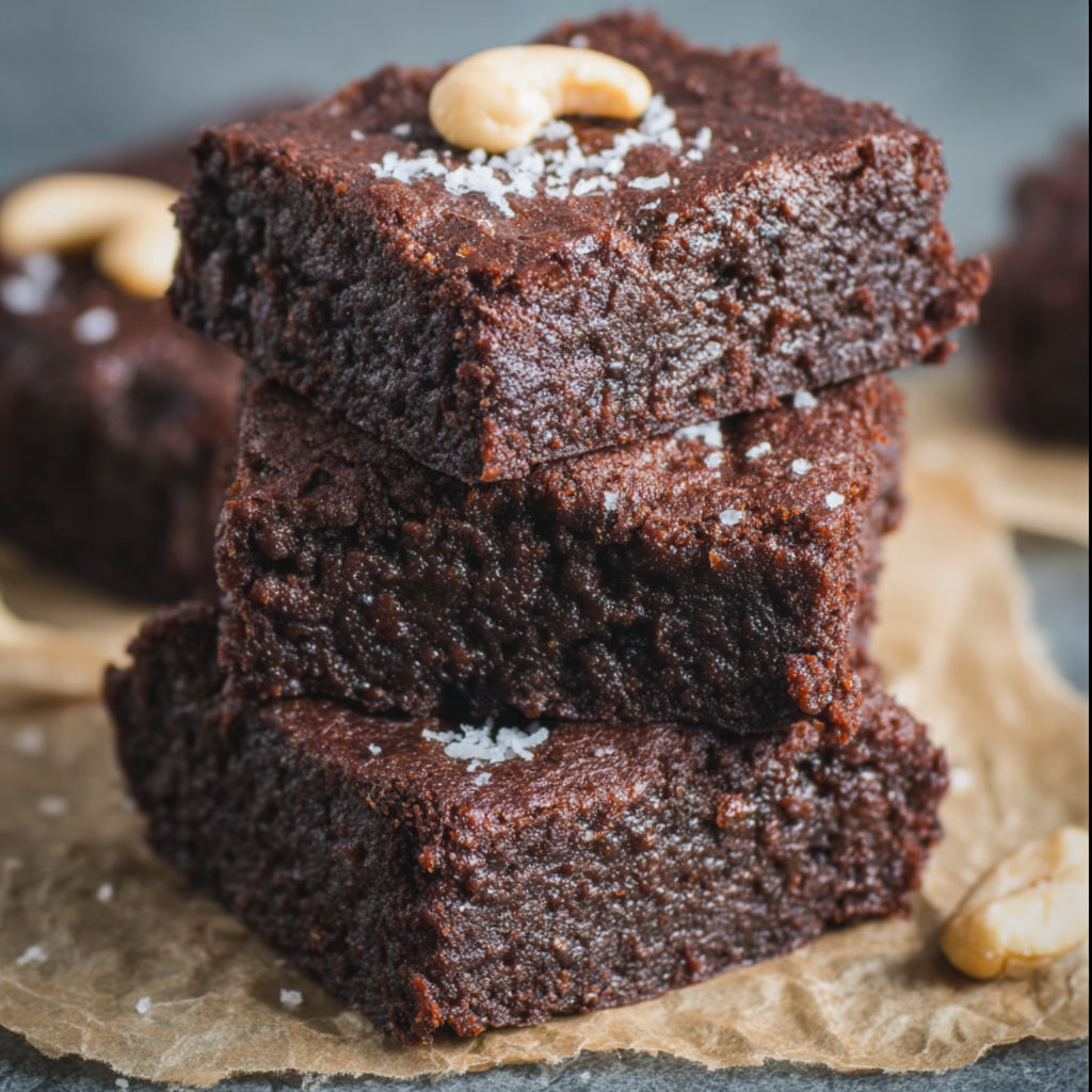 Three stacks of vegan brownies with nuts on top.