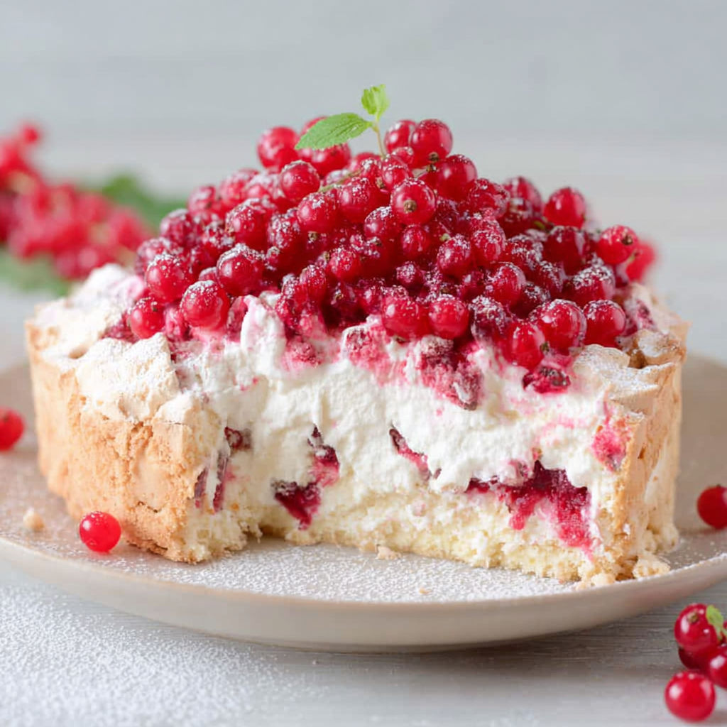 A slice of a dessert with red berries on top.