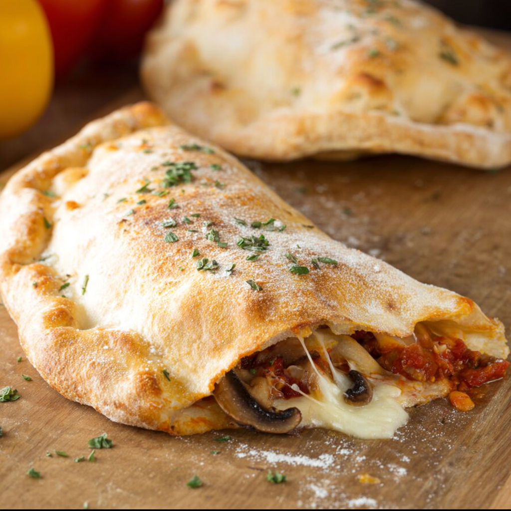 A calzone with mushrooms and cheese.