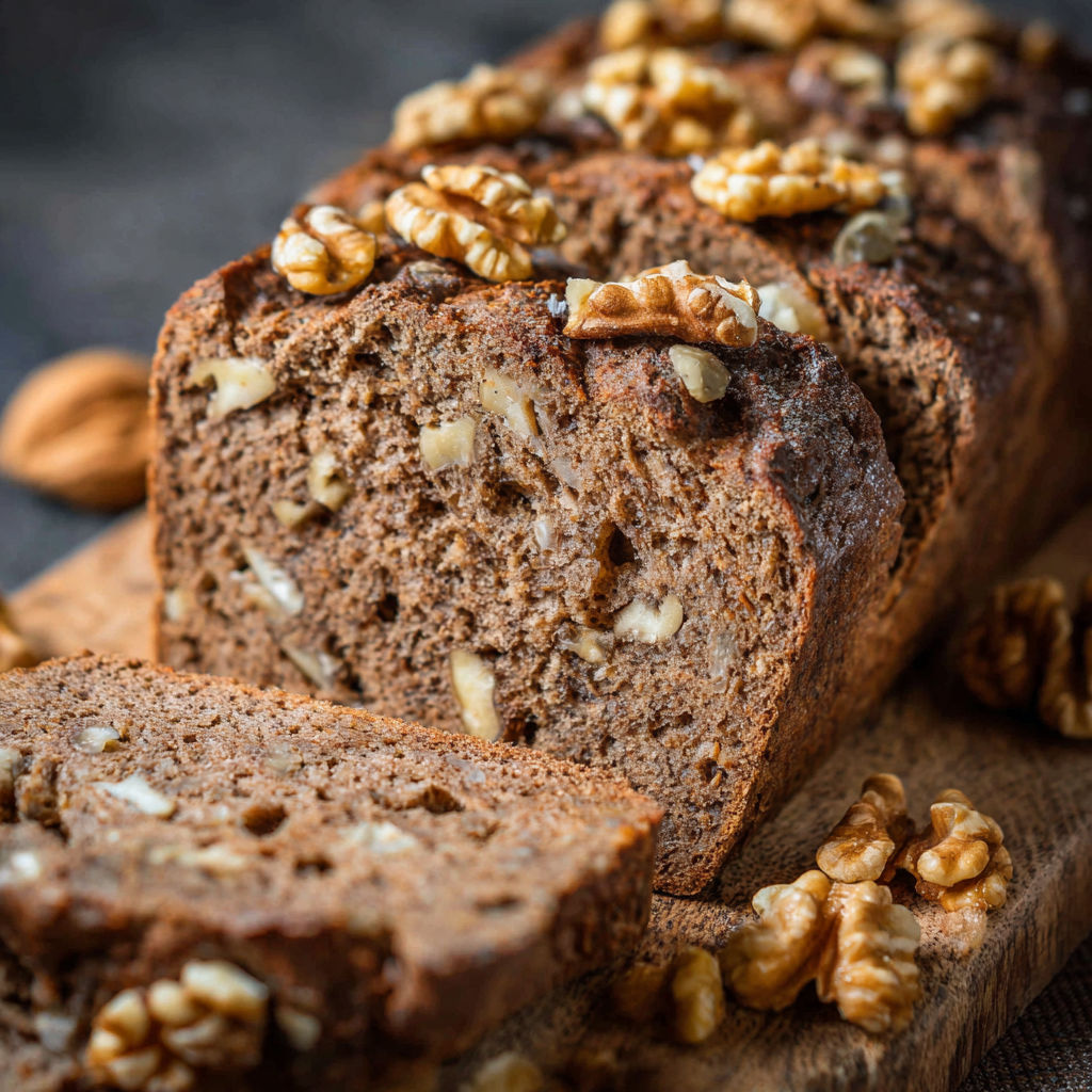 A slice of walnut bread on a wooden board.