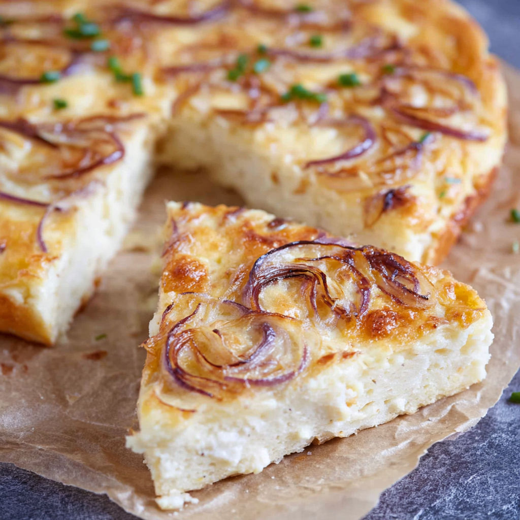 A slice of Zwiebelkuchen on a paper towel.