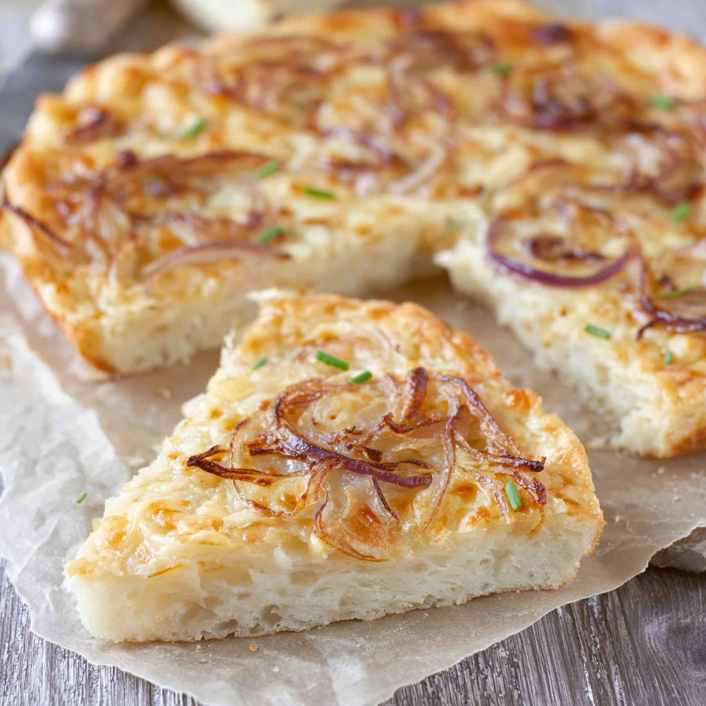 A slice of Zwiebelkuchen on a paper towel.