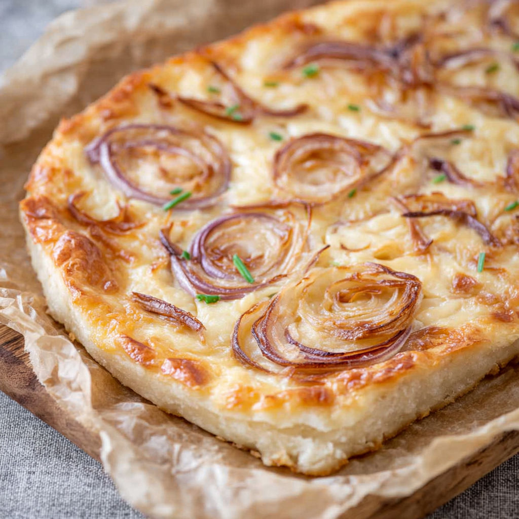 A slice of Zwiebelkuchen on a wooden board.