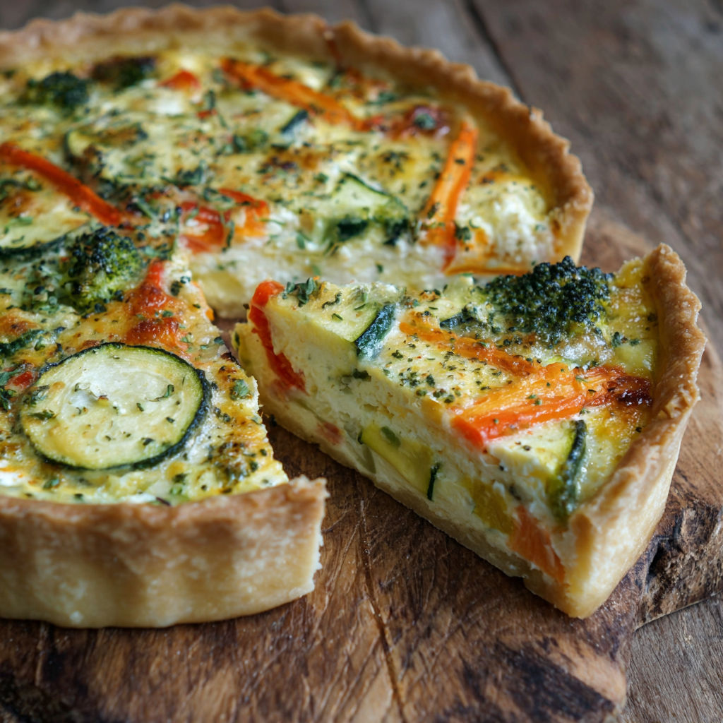 A slice of quiche with vegetables and cheese.