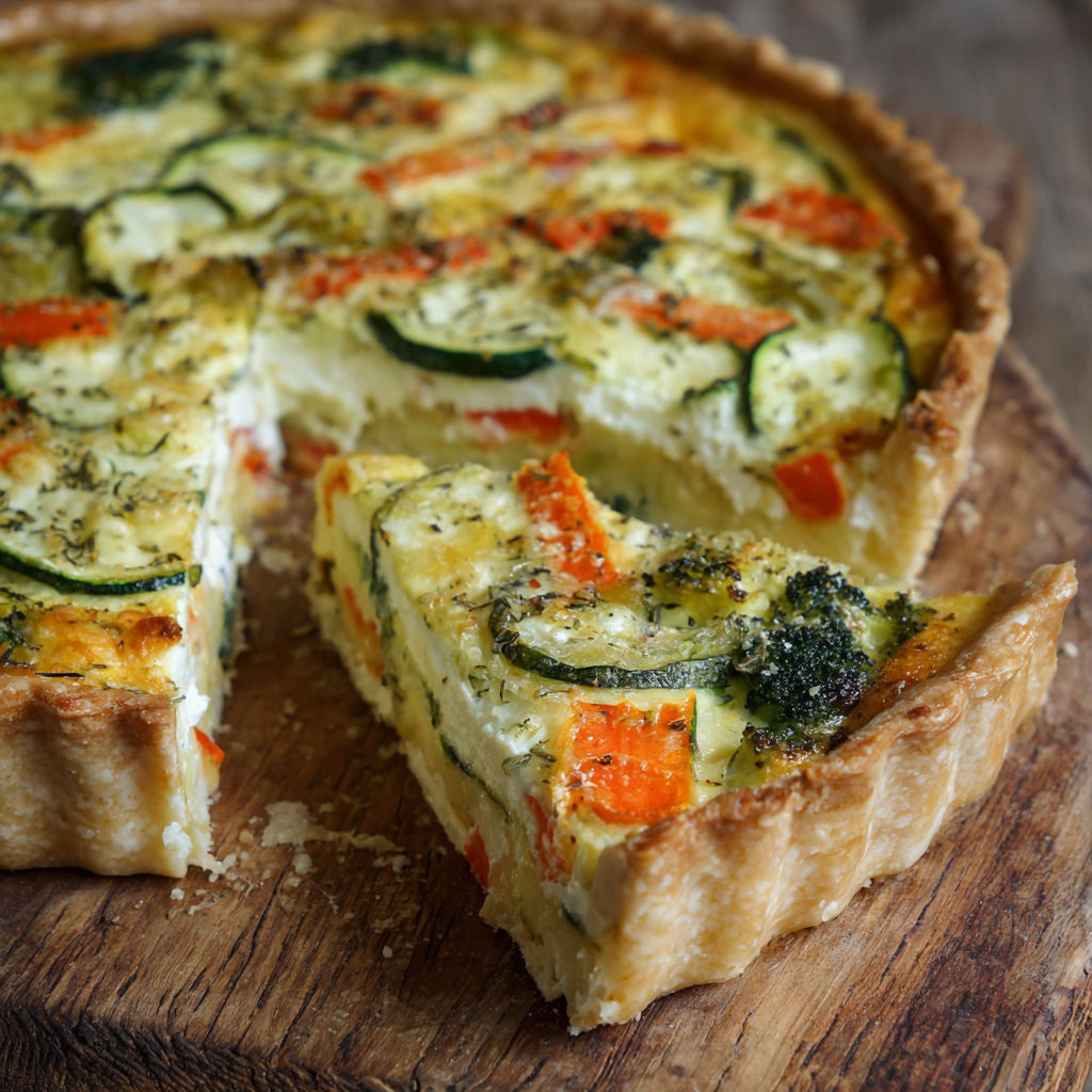 A slice of a quiche with vegetables and cheese.