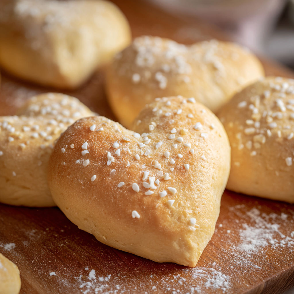 A wooden cutting board with heart shaped bread rolls.