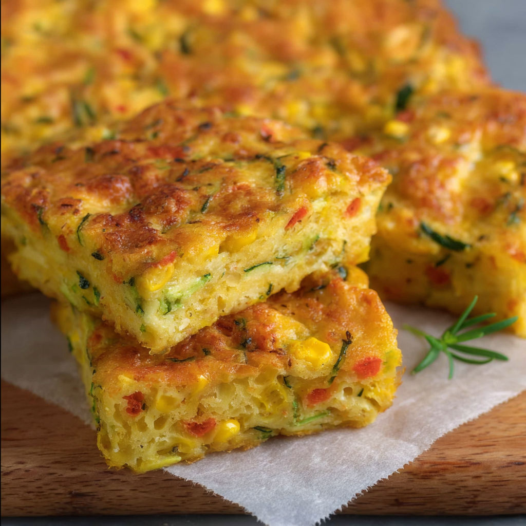 A slice of a vegetable casserole on a wooden cutting board.