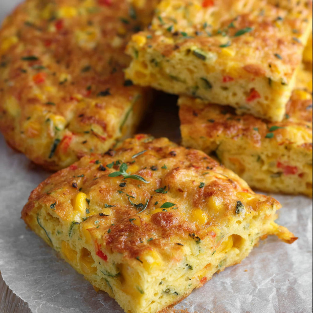 A stack of four pieces of bread with corn on top.