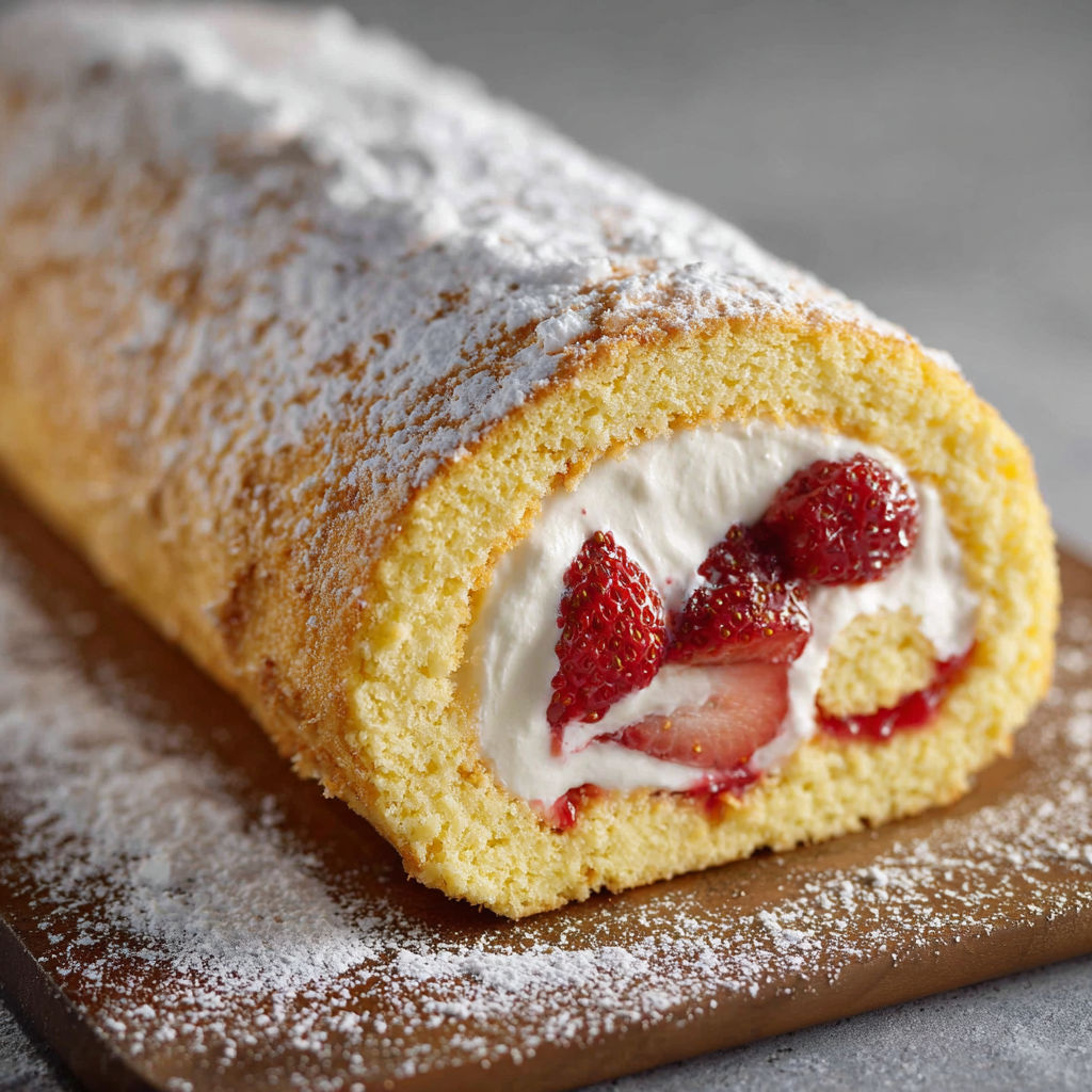A gluten-free cake roll with strawberries and whipped cream.