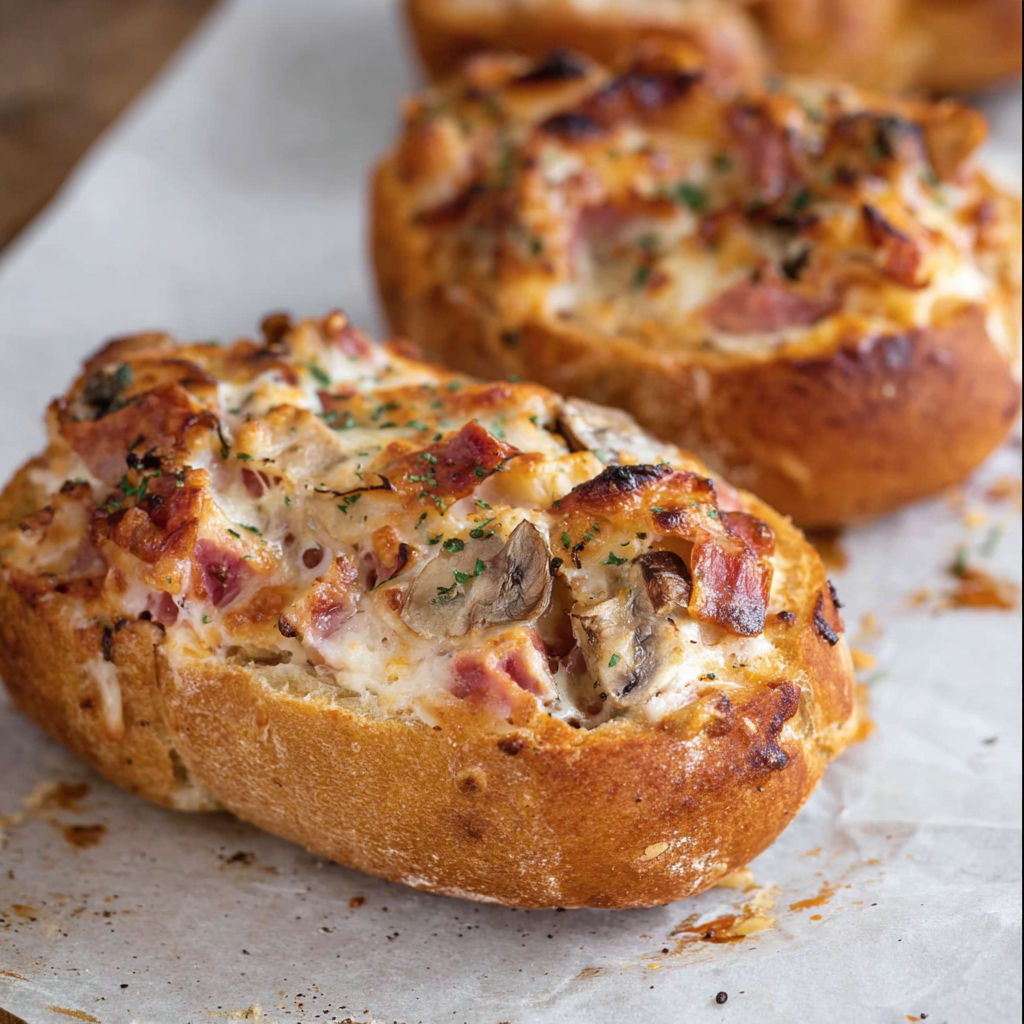 Two pizzabrötchen on a white plate.