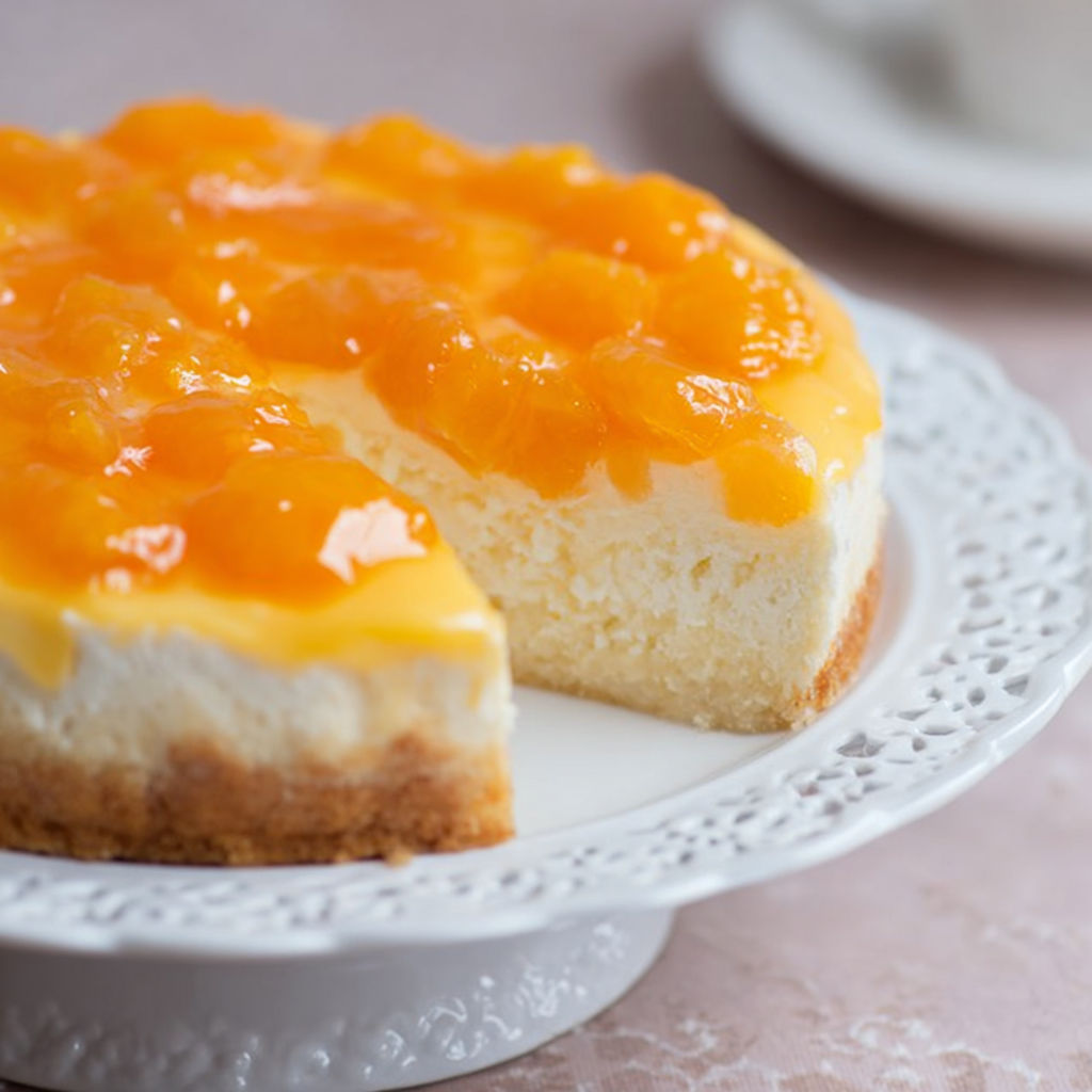A slice of orange cheesecake on a plate.