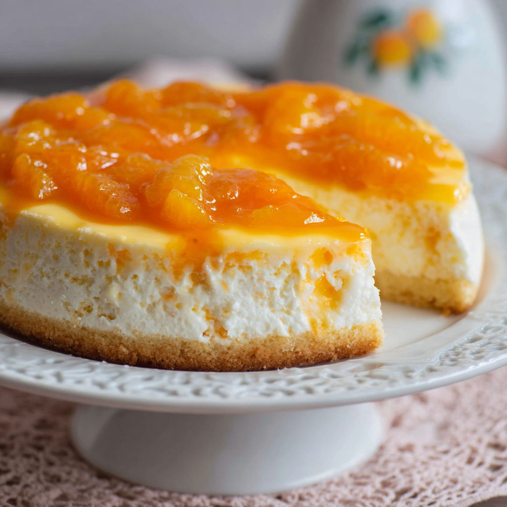 A slice of orange cheesecake on a plate.