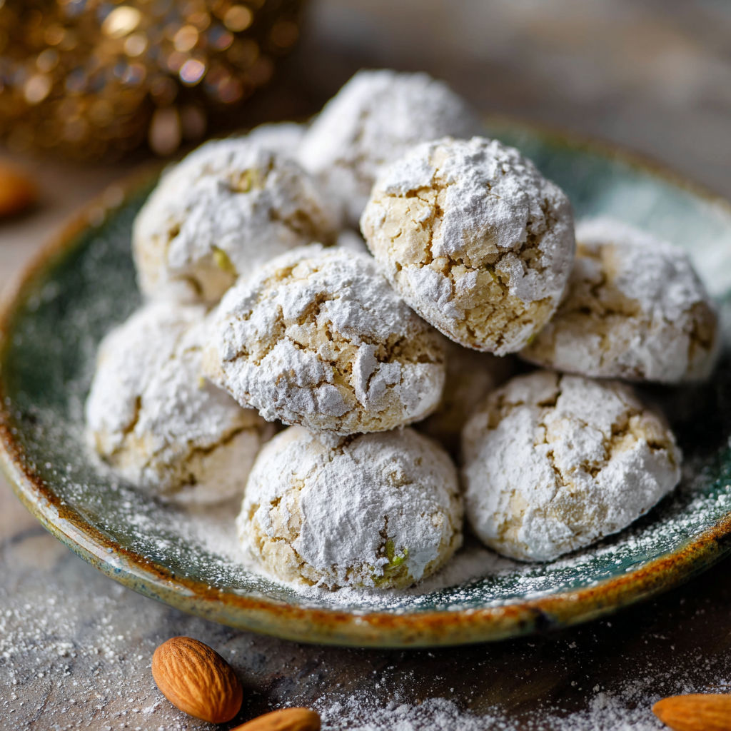 A bowl of cookies with white powder on top.