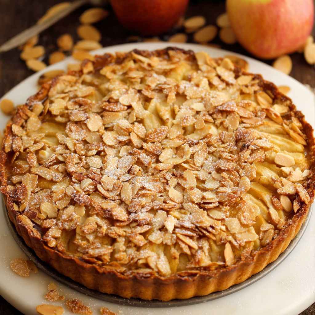 A slice of apple pie with a dusting of sugar on top.