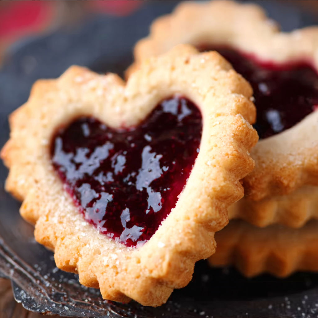 A low carb spitzbuben with jelly in the shape of a heart.