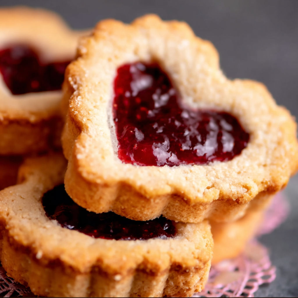 Two heart-shaped cookies with jelly in the center.