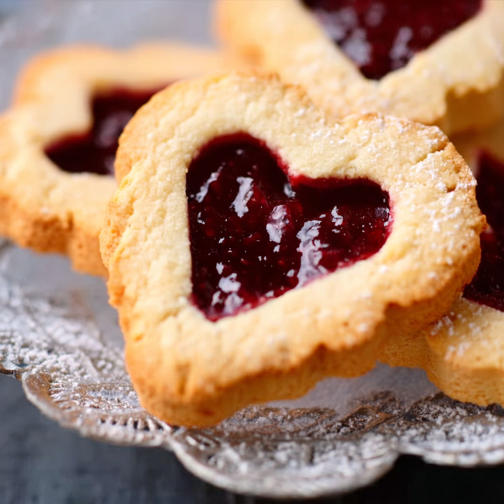 A plate of heart shaped cookies with jam in the middle.