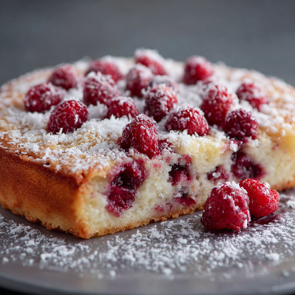 A slice of cake with raspberries on top.