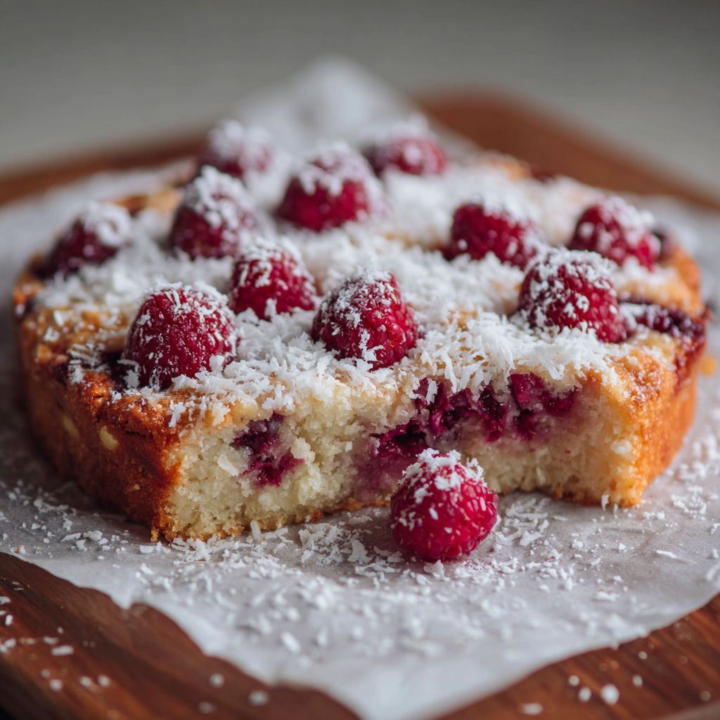 A slice of cake with raspberries and coconut on top.