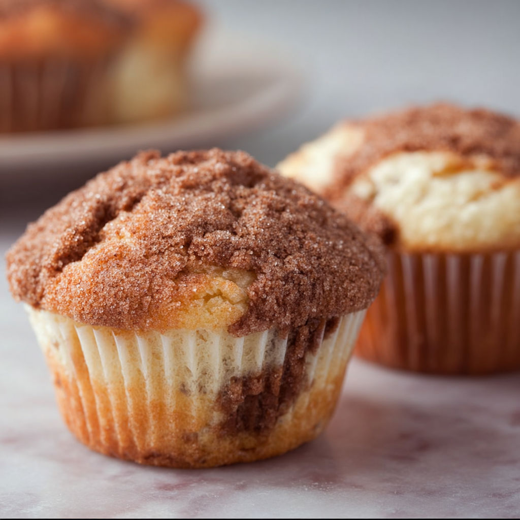 Two muffins with a brown sugar topping.