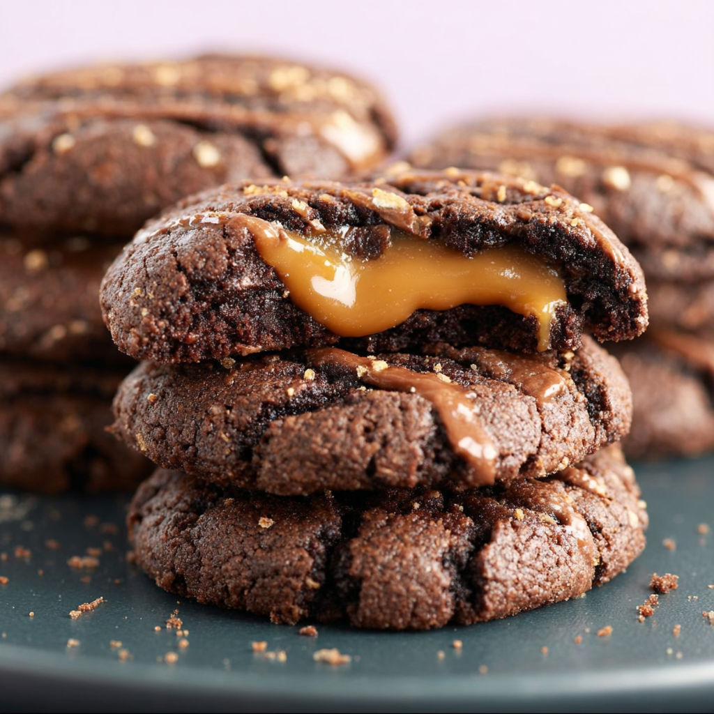 Chocolate cookies with caramel drizzle.