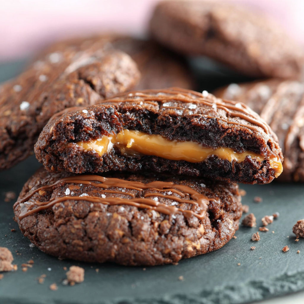 A plate of chocolate cookies with caramel filling.