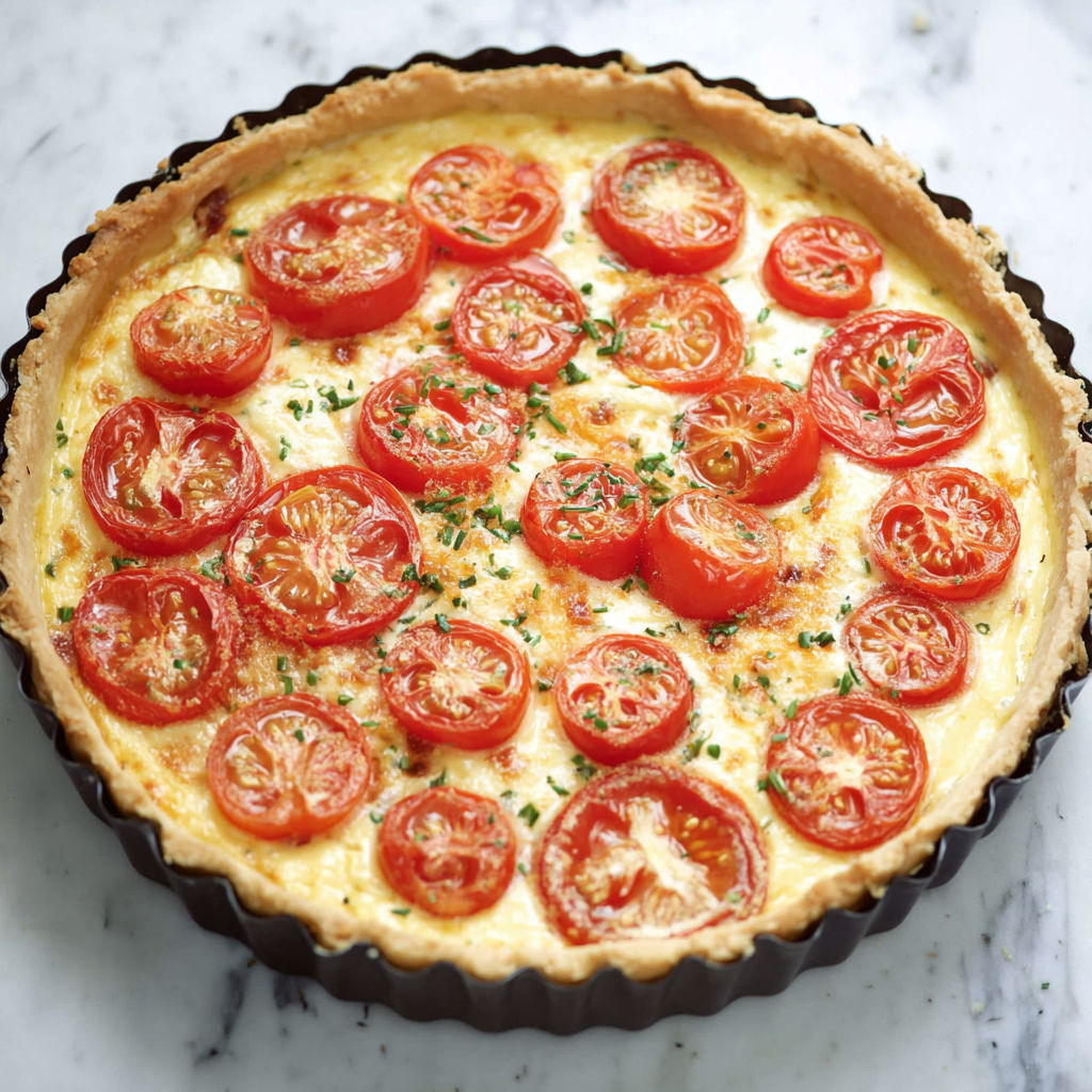 A quiche with tomatoes and cheese.