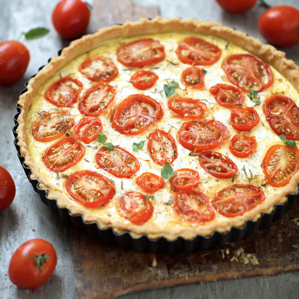 A pie with tomatoes and cheese.