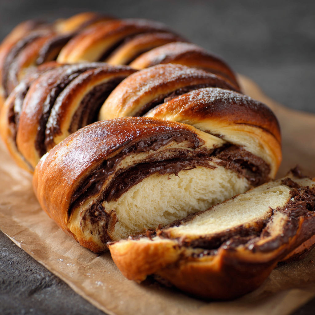 A loaf of bread with chocolate and white frosting.
