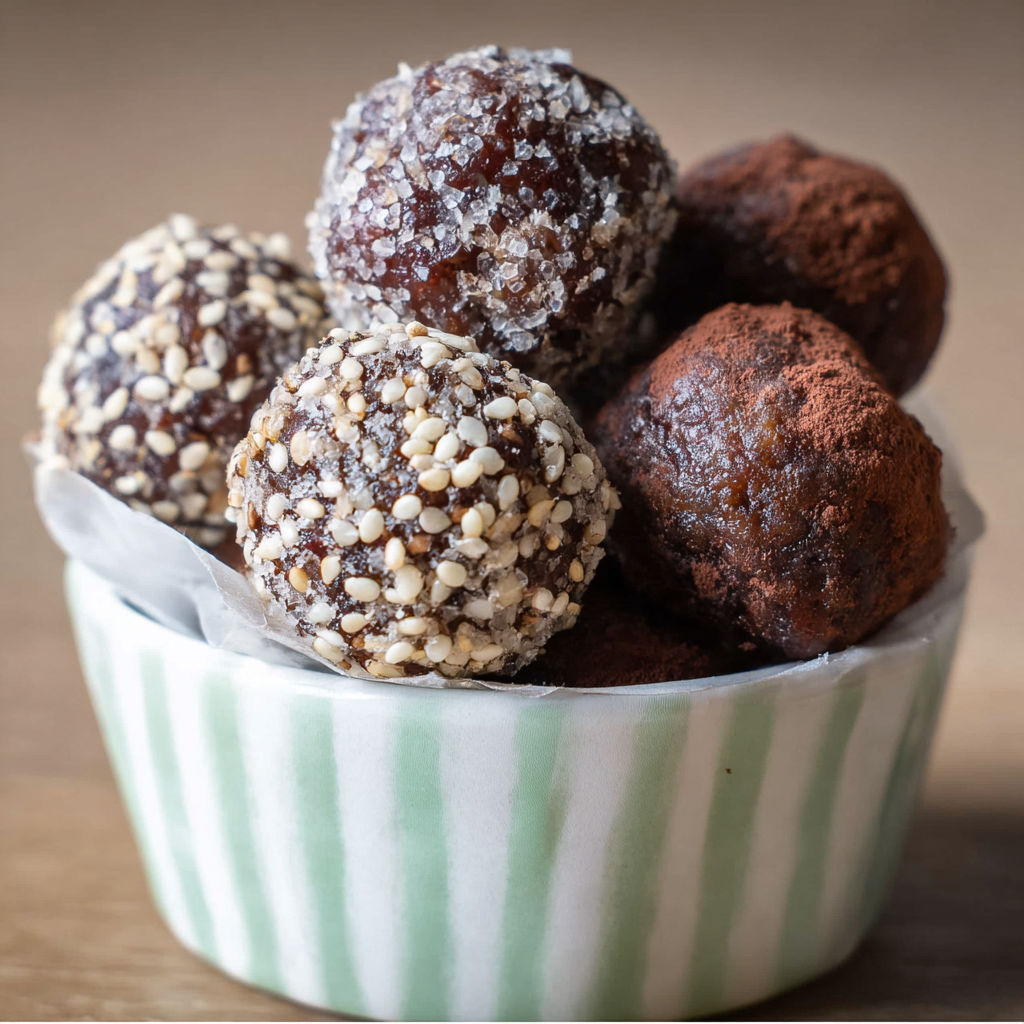 A bowl of energy balls with nuts.