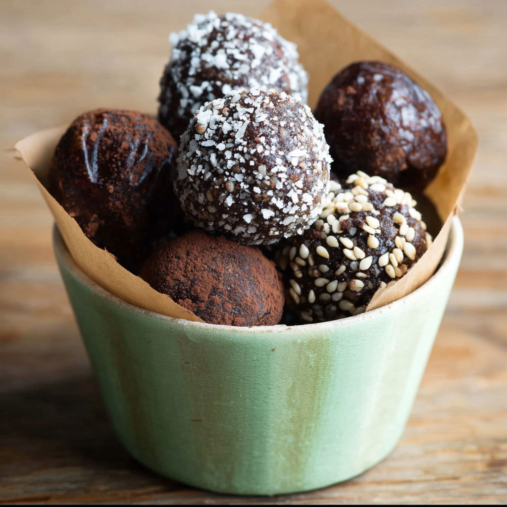 A bowl of chocolate covered balls.