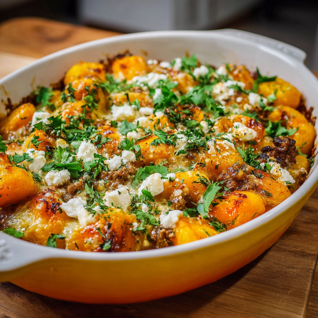 A dish of food with the name Kürbis Gnocchi Auflauf mit Hackfleisch und Feta.