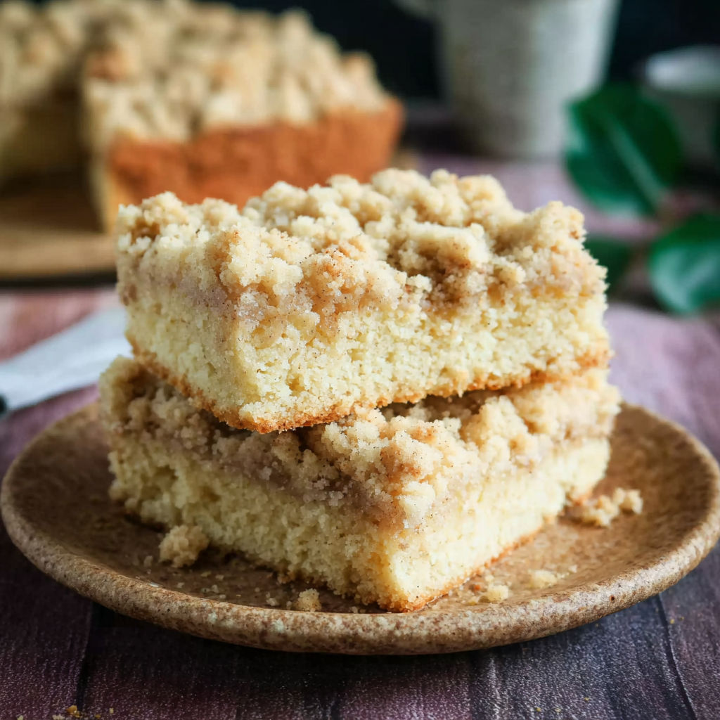 A slice of vegan streuselkuchen on a wooden plate.