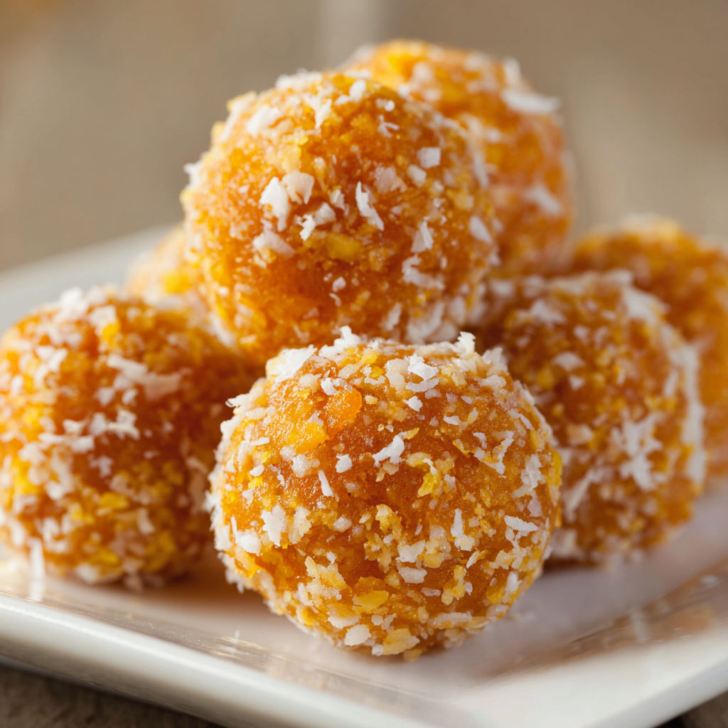 A plate of orange balls with white powder on top.