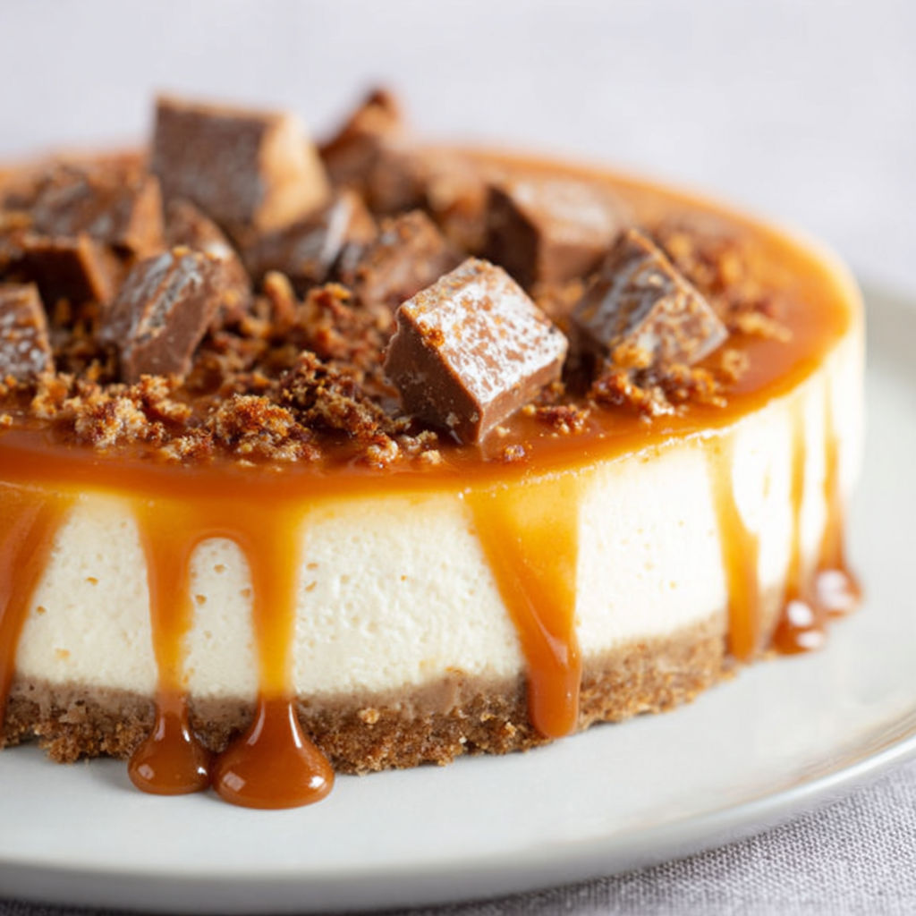 A slice of cheesecake with caramel drizzled on top.