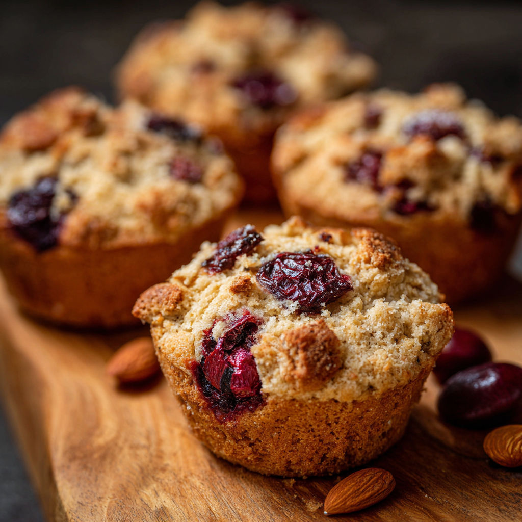A wooden cutting board with four muffins on it.