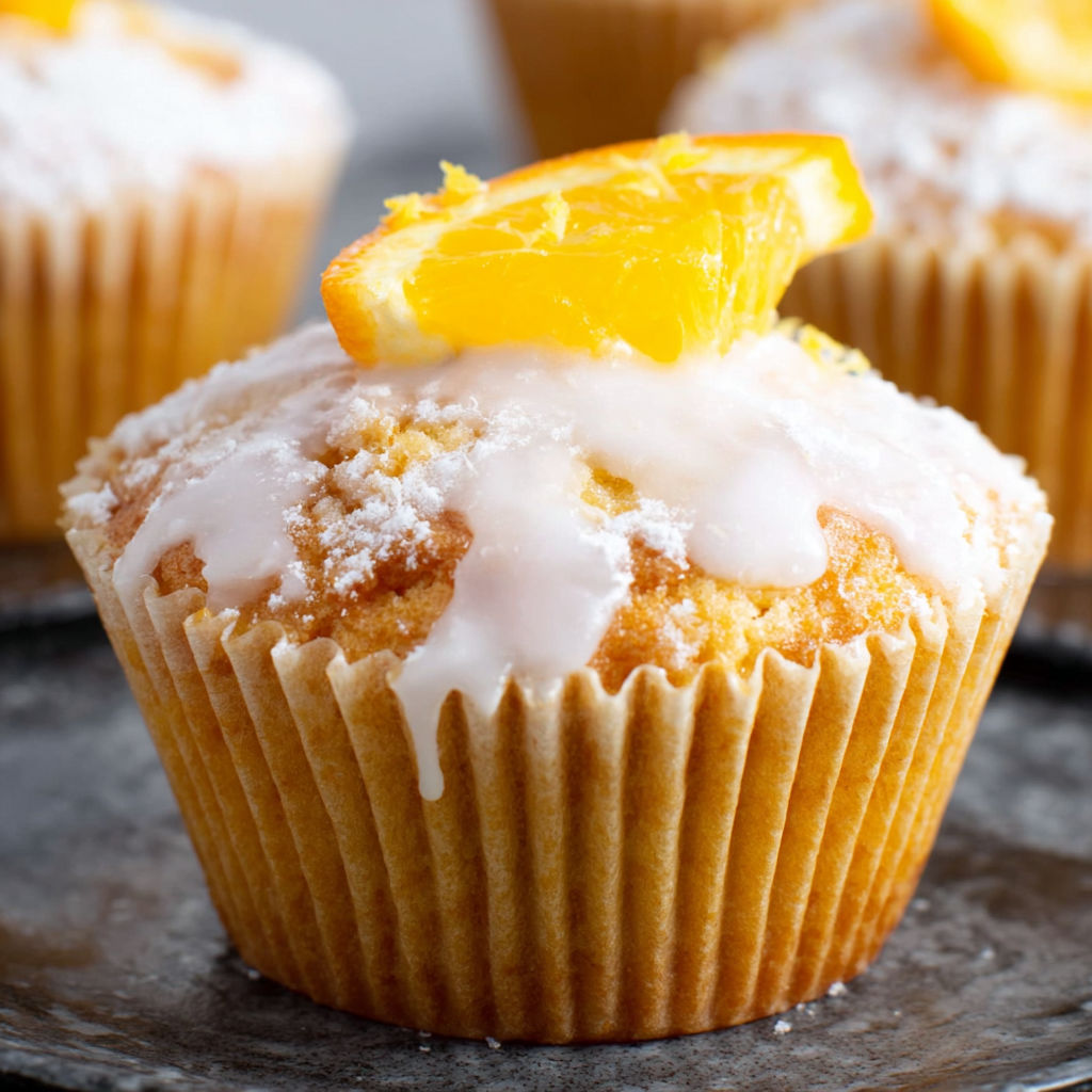 A cupcake with a slice of orange on top.