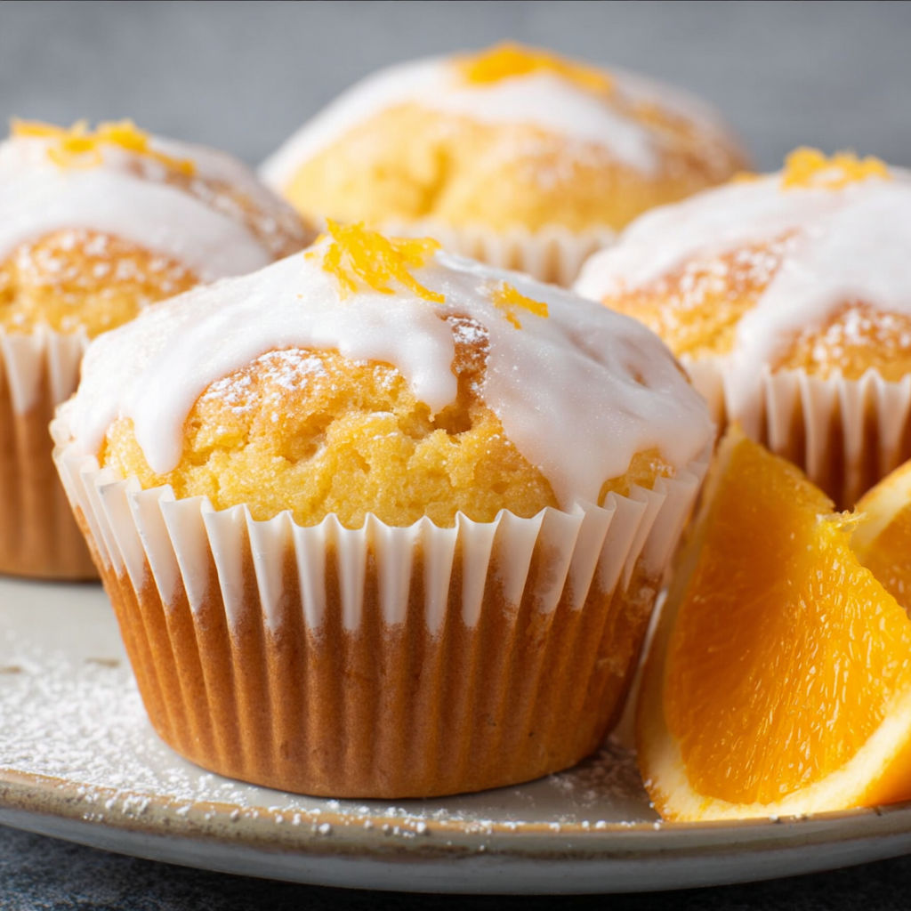 A plate of cupcakes with orange frosting.