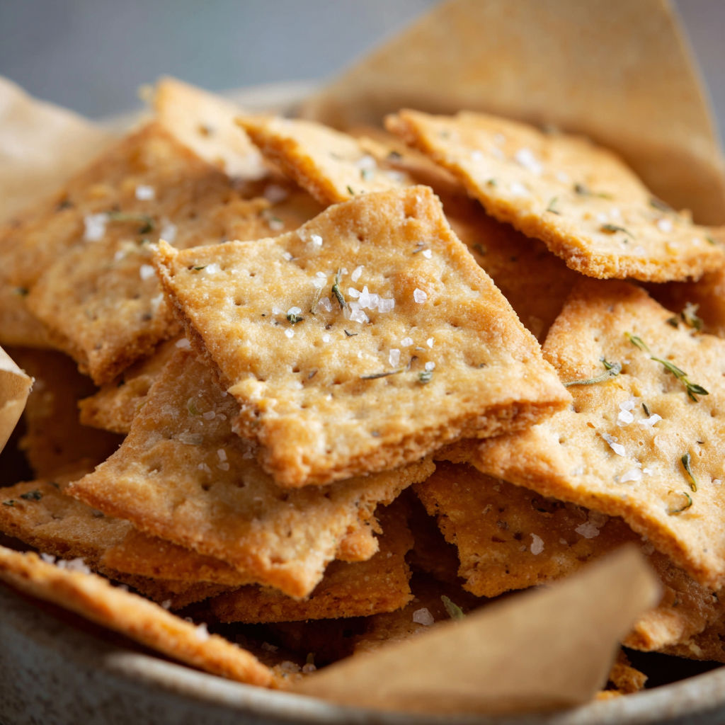 A bowl of crispy crackers with a sprinkle of salt.