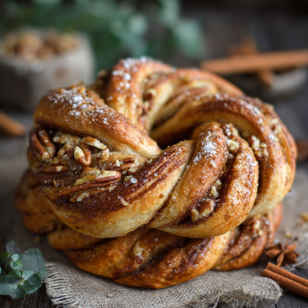 A stack of small bread rolls with nuts and cinnamon.