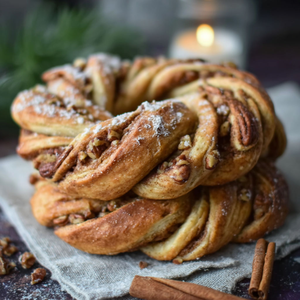 A stack of pastries with nuts and cinnamon.