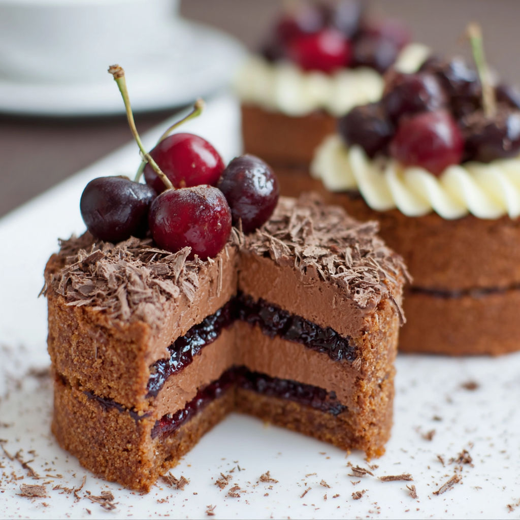 A slice of chocolate cake with cherries on top.