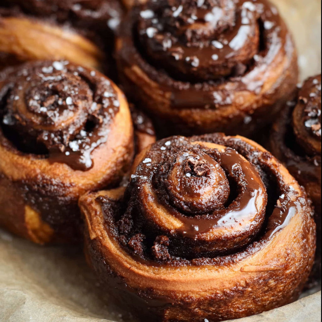 Chocolate covered doughnuts with sugar sprinkled on top.